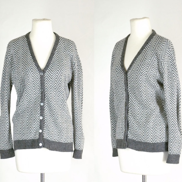70s Gray Stripe Cardigan Sweater Vintage Chevron S - Picture 1 of 6